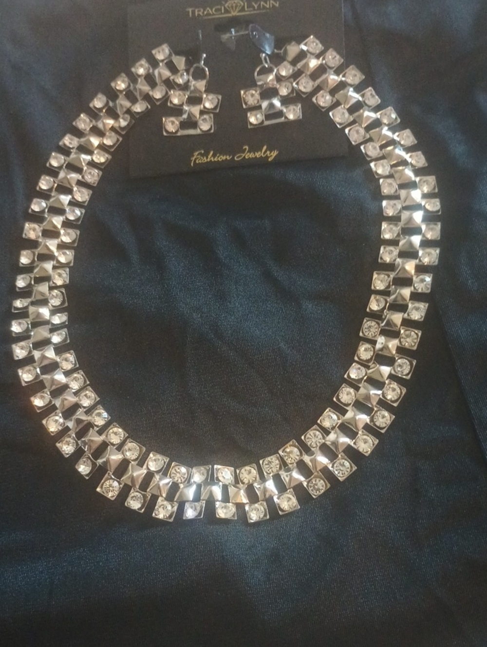 Traci Lynn Silver Crystal Double-Row Collar Necklace with Matching Earrings